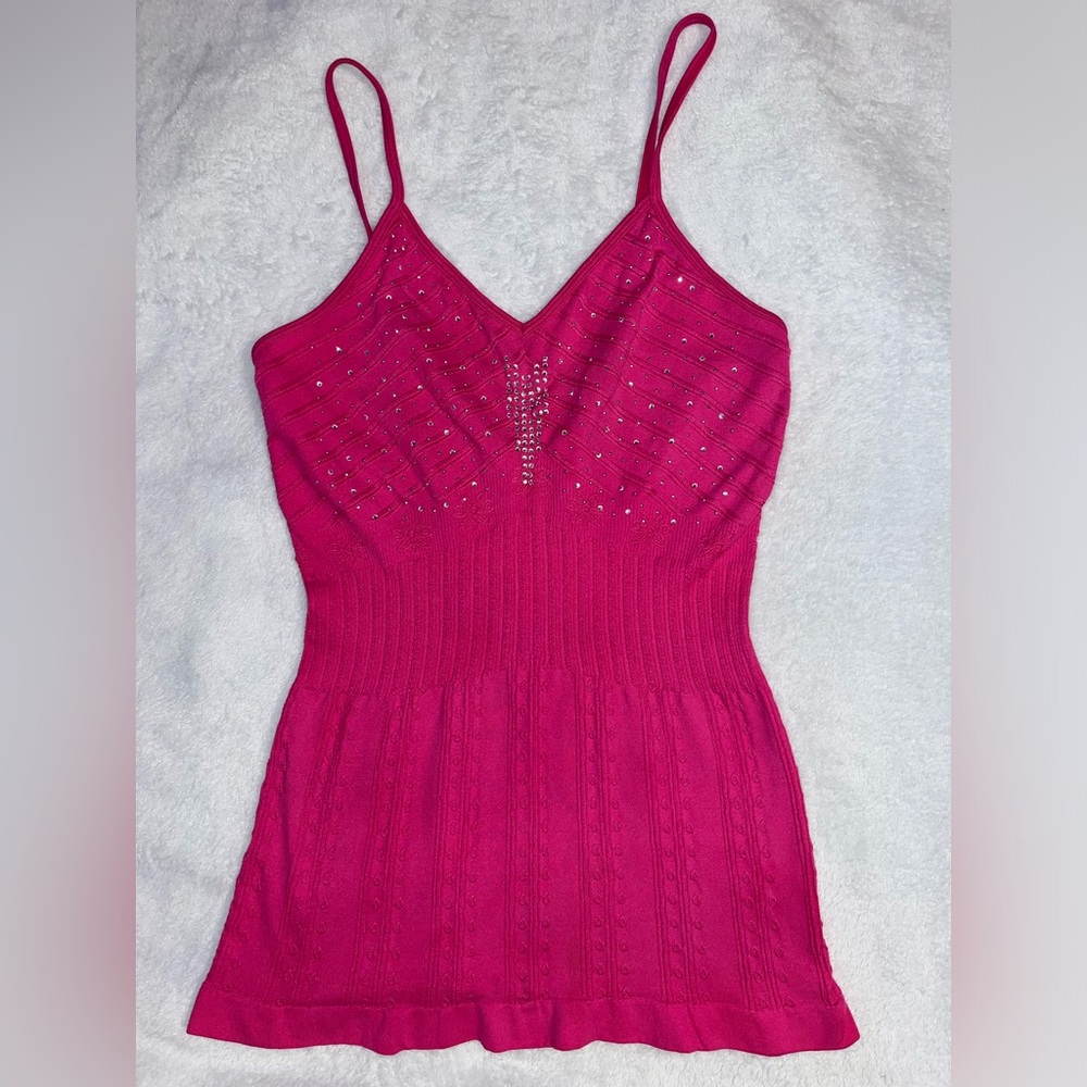 Vintage Y2K Bedazzled Sequin Pink Floral Fitted Top